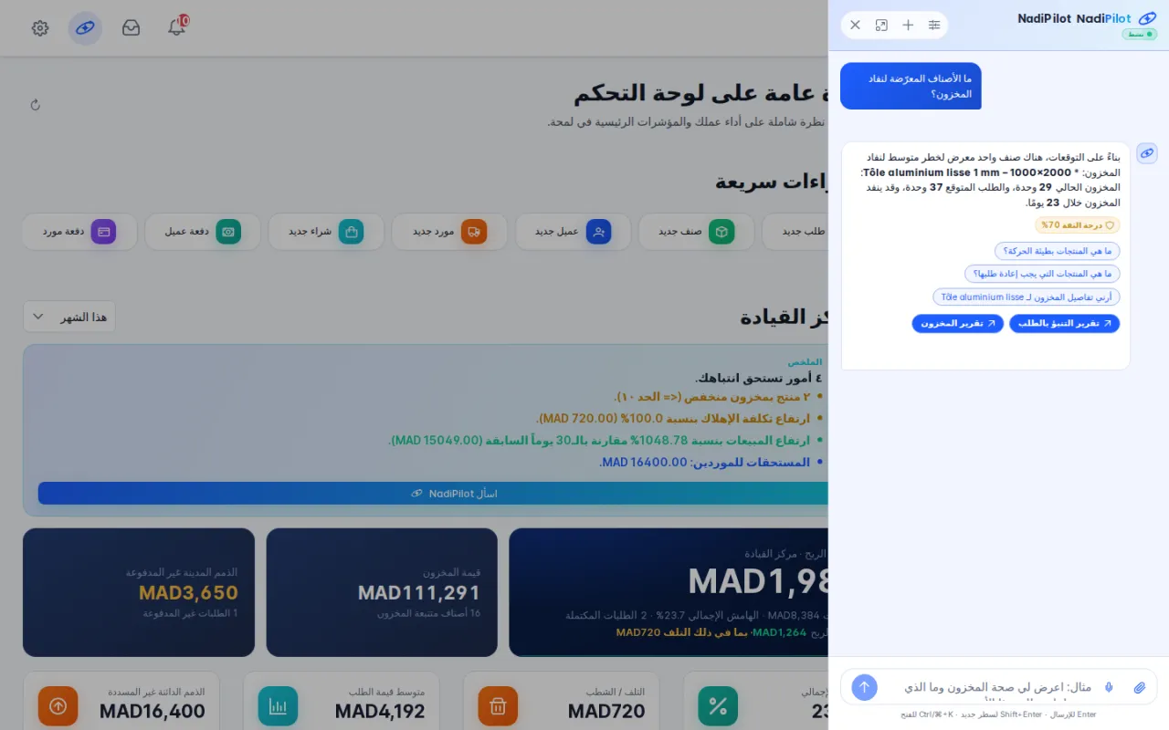 إجابة NadiPilot عن السؤال «ما الأصناف المعرّضة لنفاد المخزون؟»