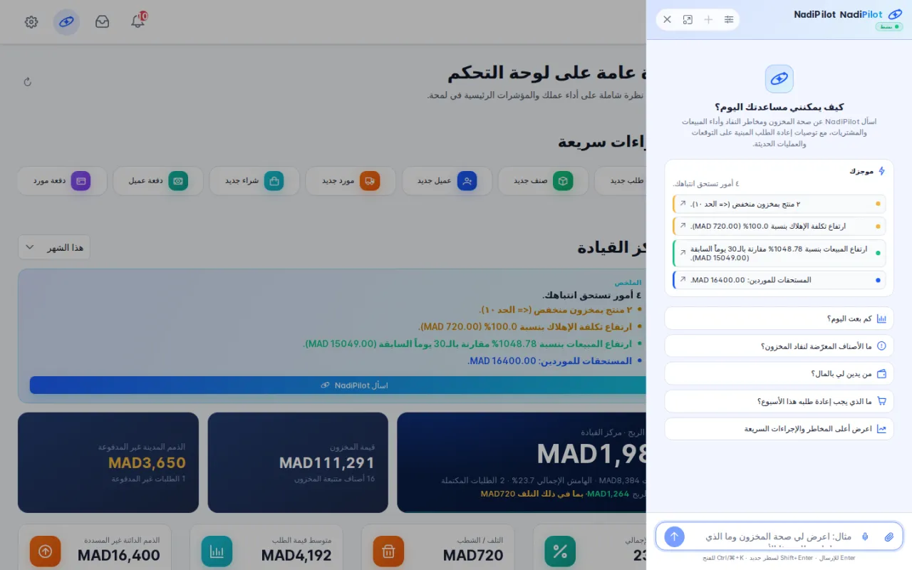 لوحة NadiPilot مفتوحة بجانب لوحة التحكم، مع الملخص والأسئلة المقترحة