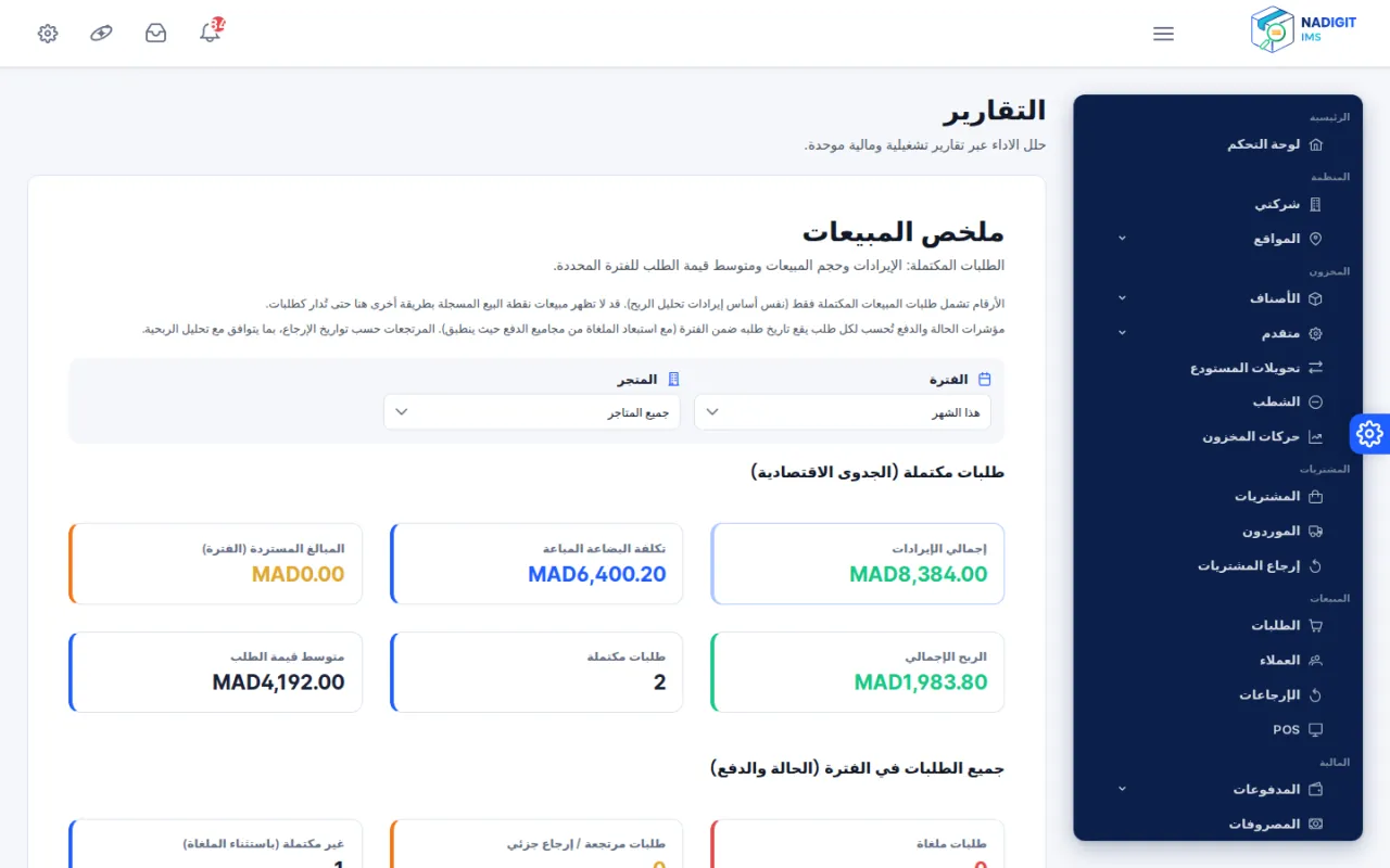 تقرير ملخص المبيعات: إجمالي الإيرادات وتكلفة الأصناف والهامش الإجمالي ومتوسط السلة