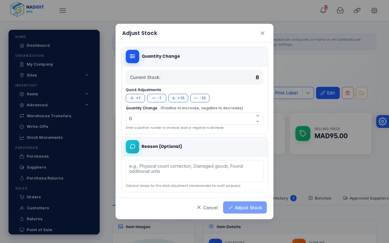 Adjust Stock dialog: current stock, quick adjustments, quantity change and reason