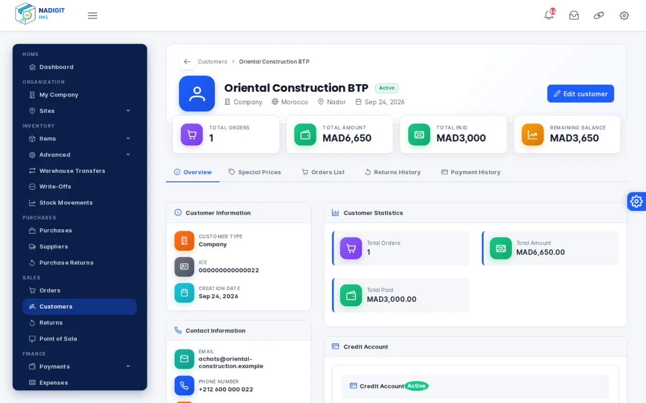 Customer record of Oriental Construction BTP: total amount, amount paid and remaining balance