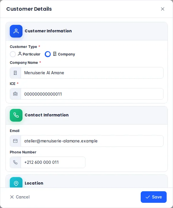 Customer details dialog of the Company type with the name and ICE