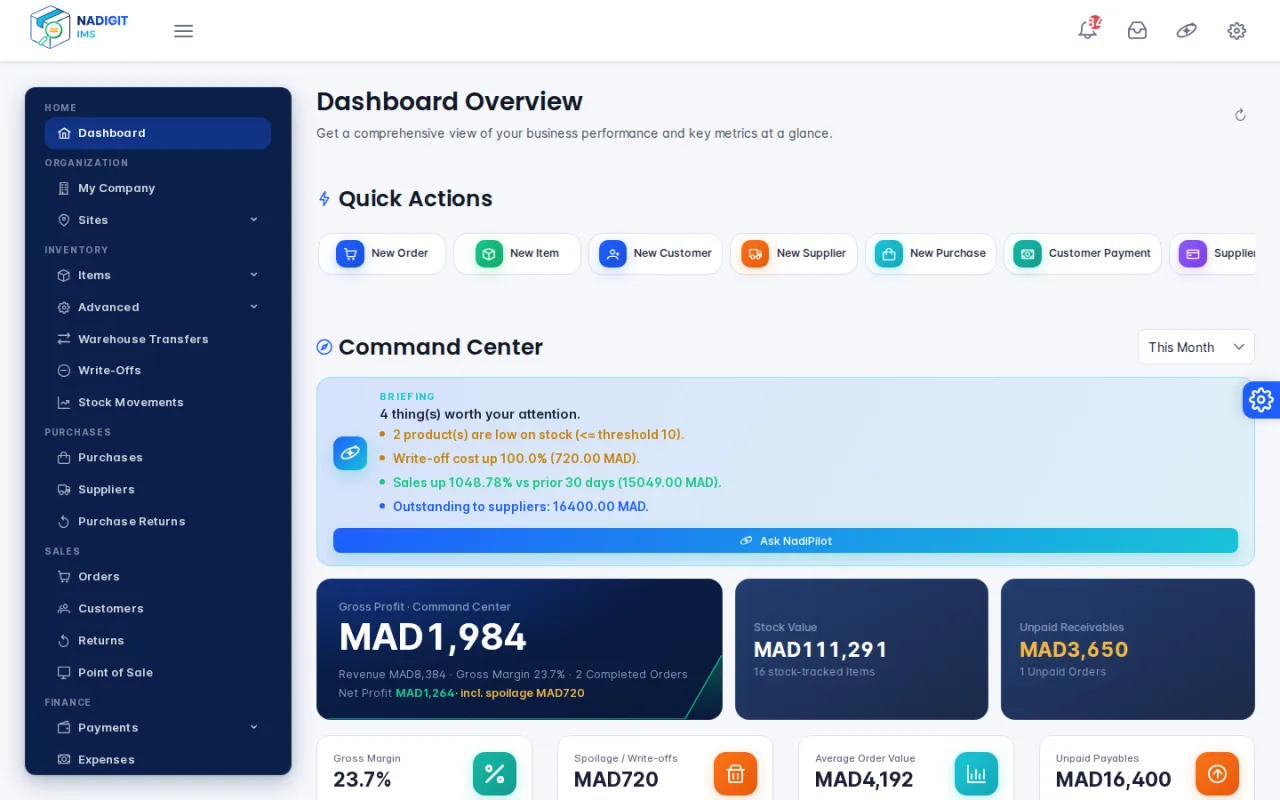 Inoxal dashboard: quick actions, Command Center briefing and key indicators