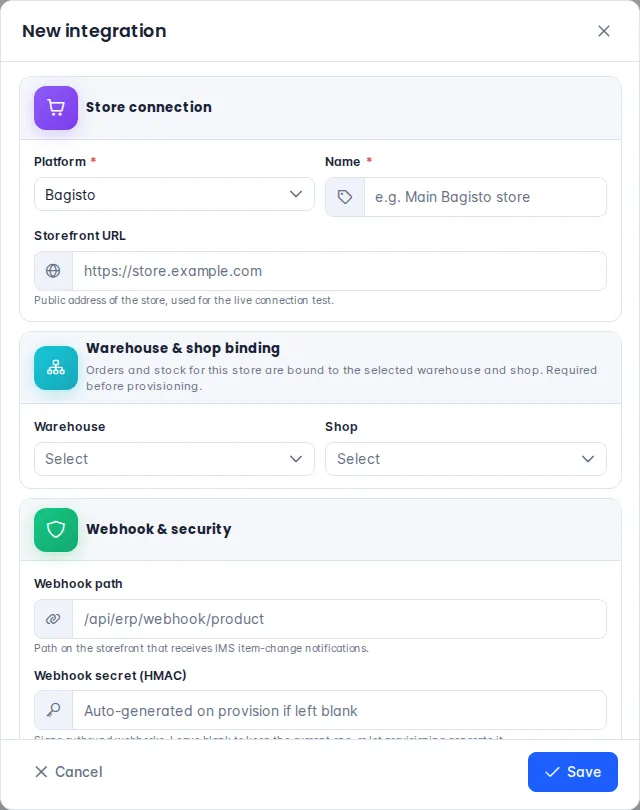 New integration window: platform, name, storefront URL, warehouse, shop, webhook path and secret