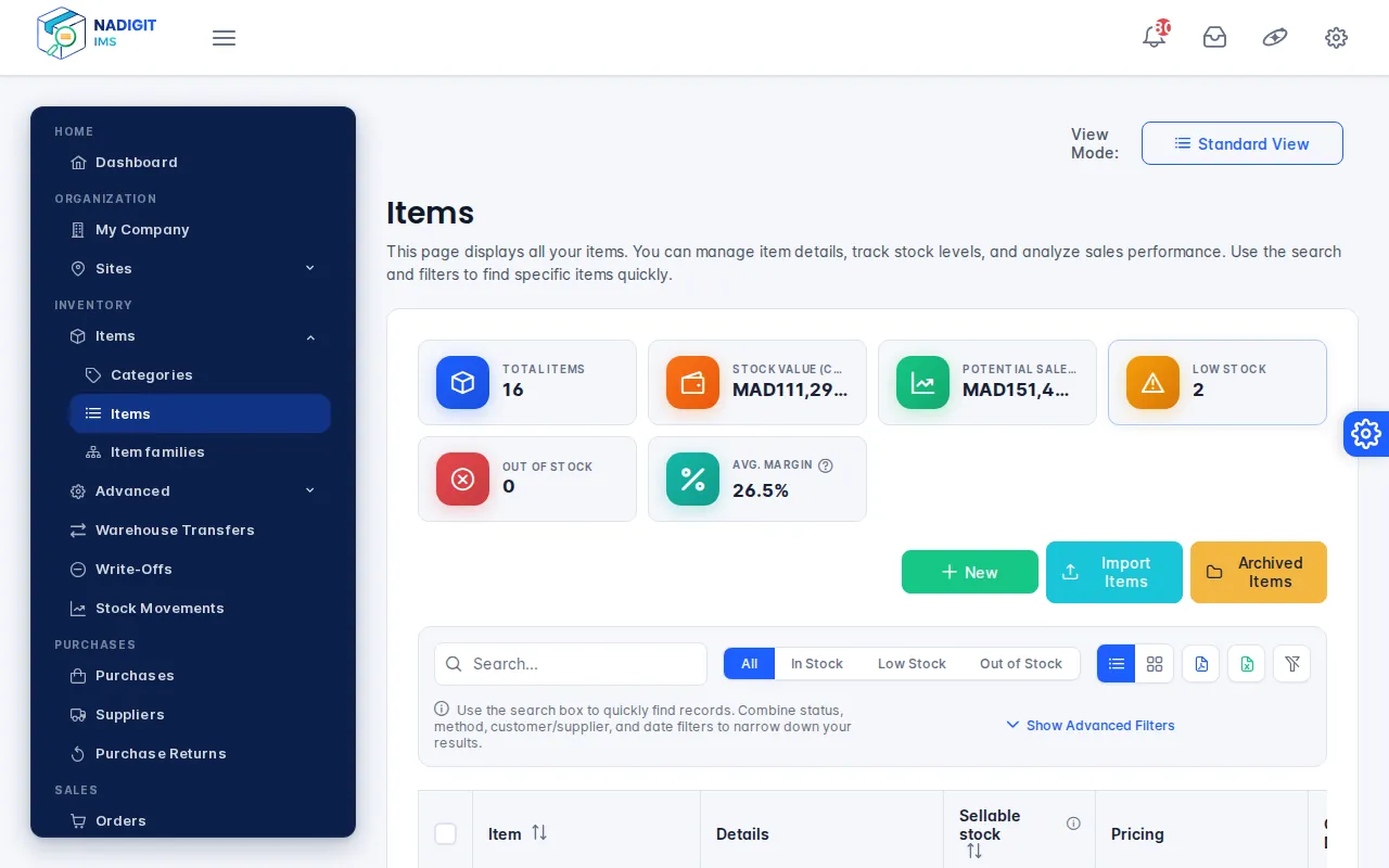 Items list filtered on Low Stock with a lock at 8 pieces