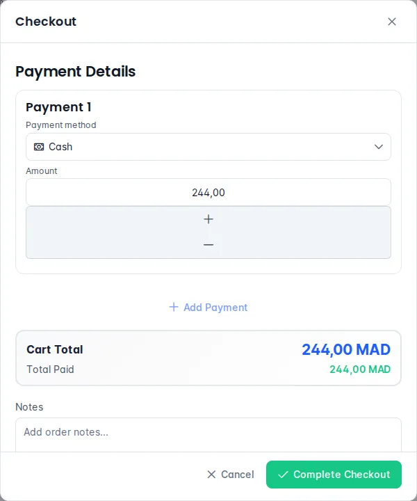 Checkout dialog with the payment details and the Print Receipt box