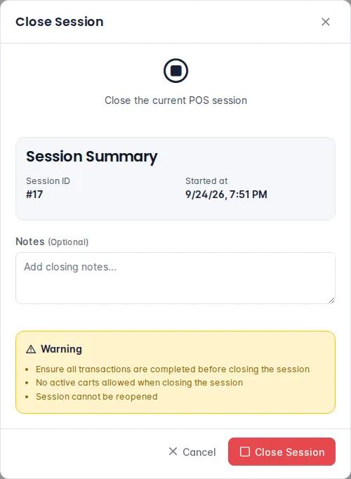 Close Session dialog with the session summary and warnings