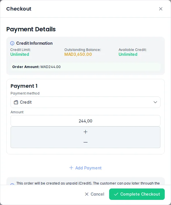 Checkout dialog in Credit mode with the customer's limit, outstanding balance and available credit