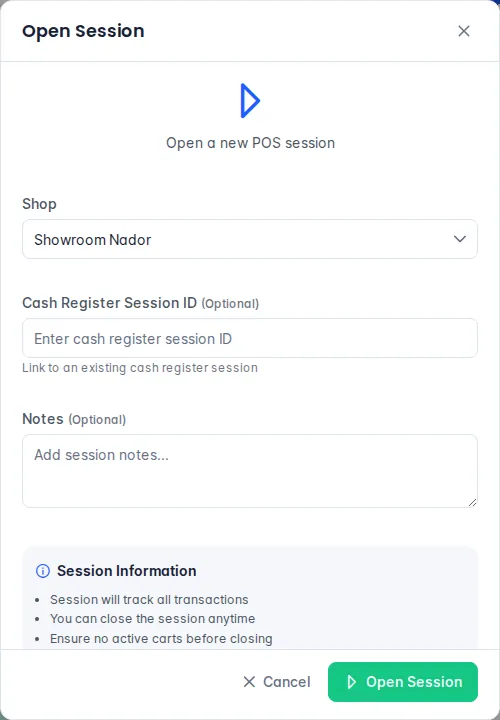 Open Session dialog of the point of sale, with the Showroom Nador shop