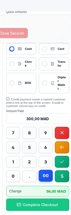 Payment panel: payment methods, amount paid 300 MAD and change 56 MAD
