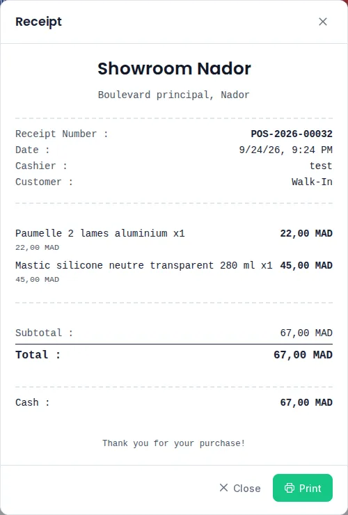 Receipt window after a cash sale, with the Close and Print buttons