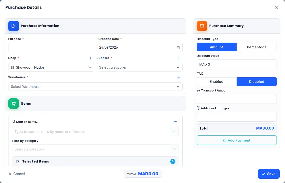 Purchase details dialog: purpose, date, shop, supplier, warehouse and items
