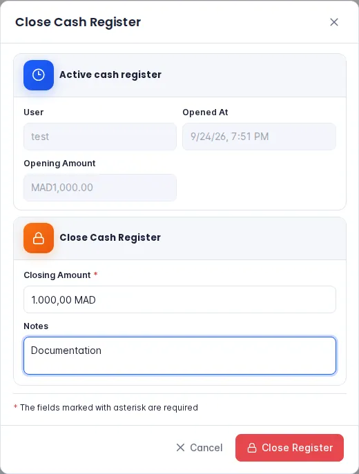 Close Cash Register dialog with the opening amount, closing amount and notes