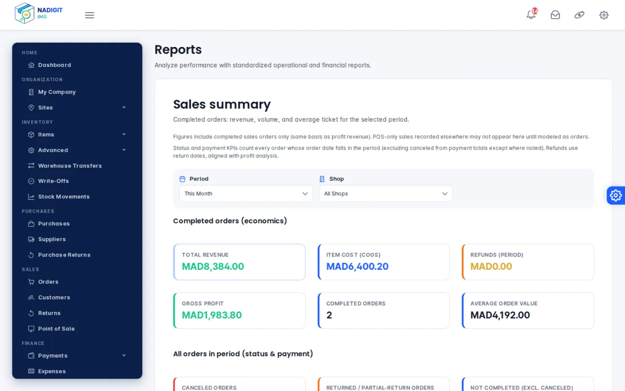 Sales summary report: total revenue, cost of goods, gross margin and average basket