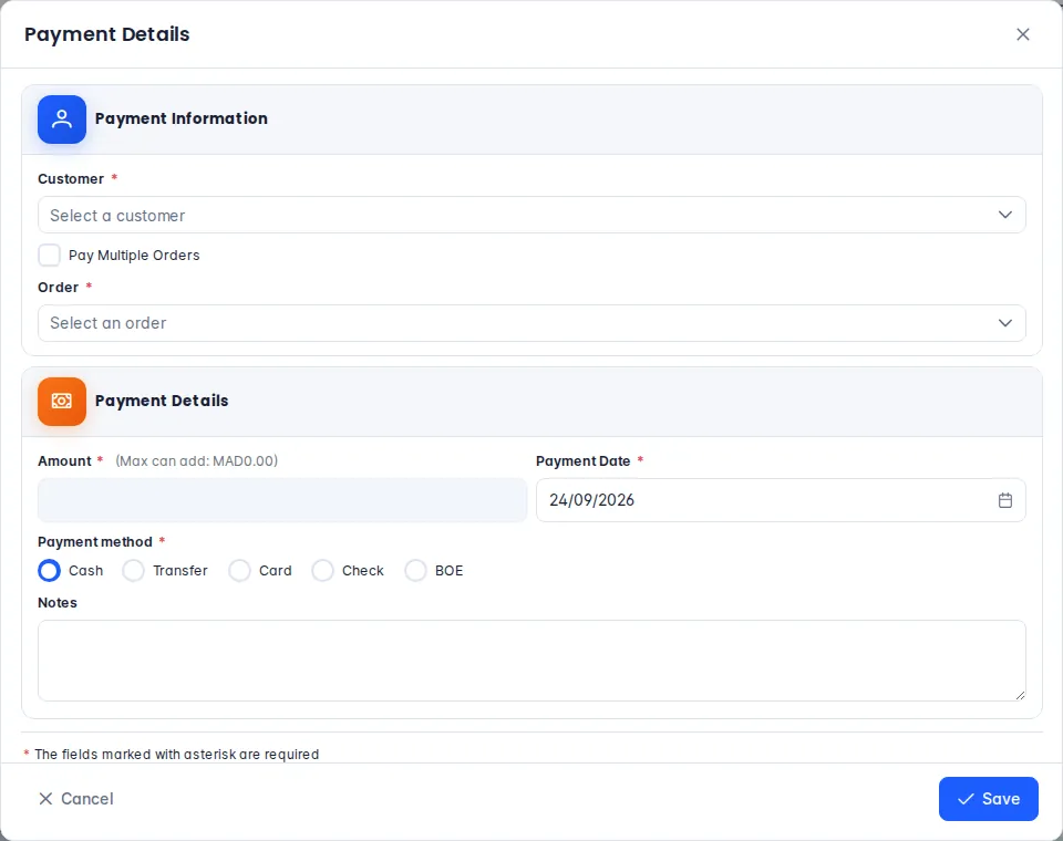 Payment details dialog: customer, order, amount, date and payment method
