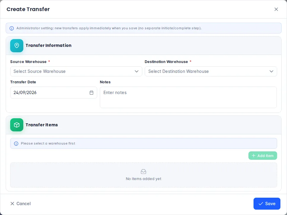 Create transfer dialog with the source and destination warehouses and the transfer items