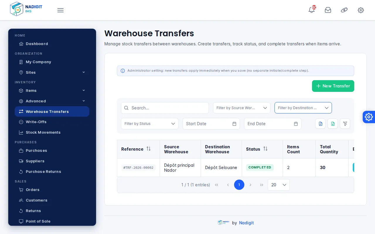 Warehouse transfers list with a completed transfer of 30 units