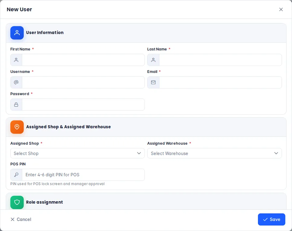 New User dialog: details, assigned shop and warehouse, PIN code and roles