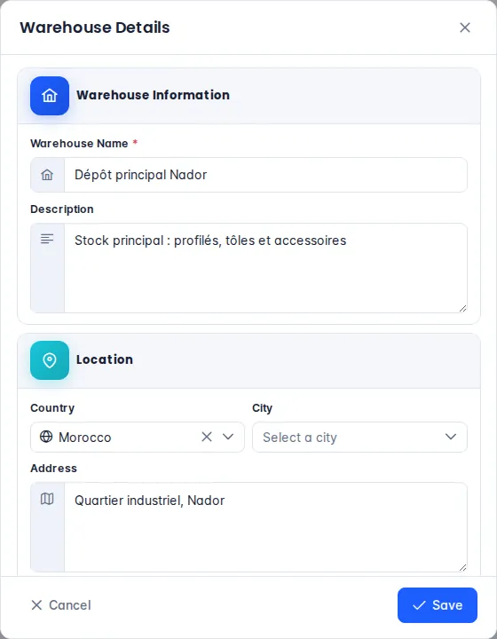 Warehouse details dialog: name, description, country, city and address