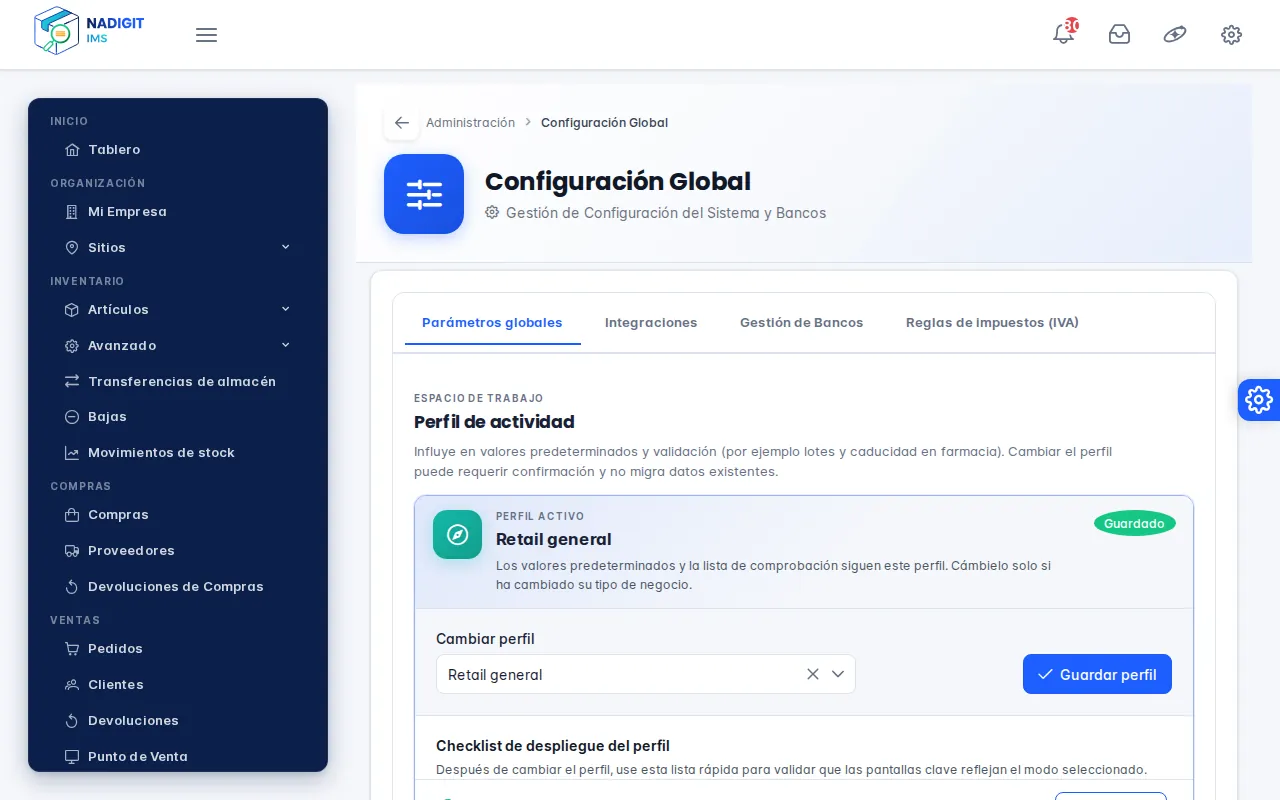 Configuraciones globales: perfil de actividad Retail general guardado