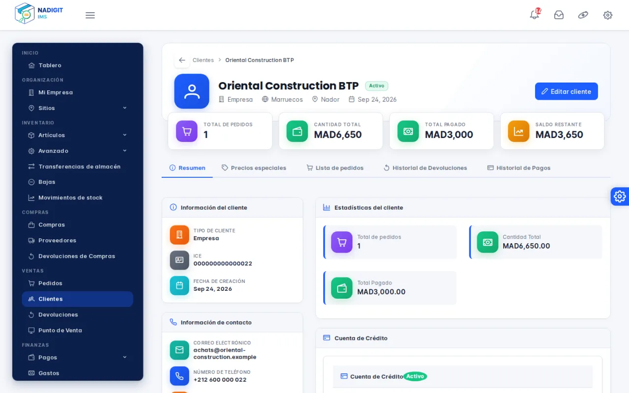 Ficha del cliente Oriental Construction BTP: importe total, importe pagado y saldo pendiente