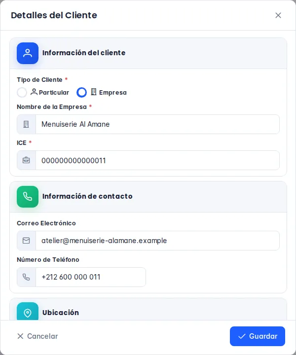 Ventana Detalles del cliente de tipo Empresa con el nombre y el ICE