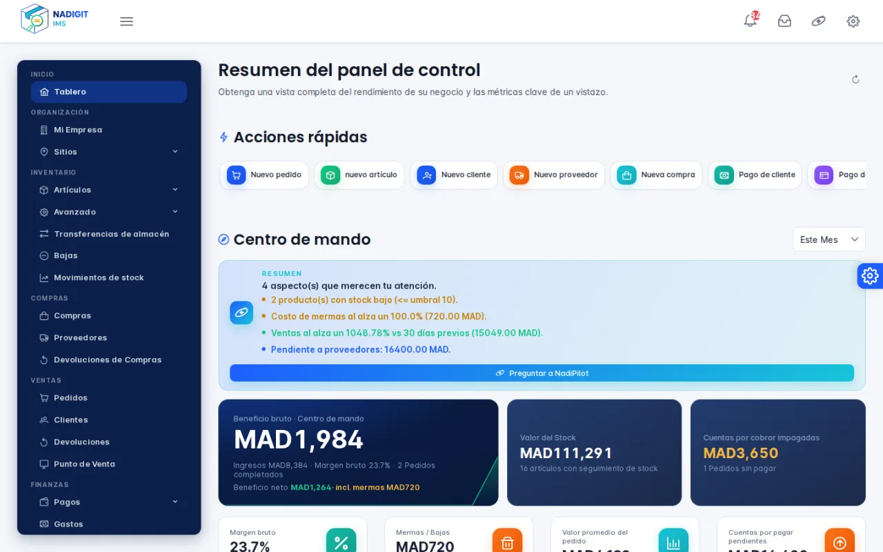Tablero de Inoxal: acciones rápidas, resumen del Centro de mando e indicadores clave