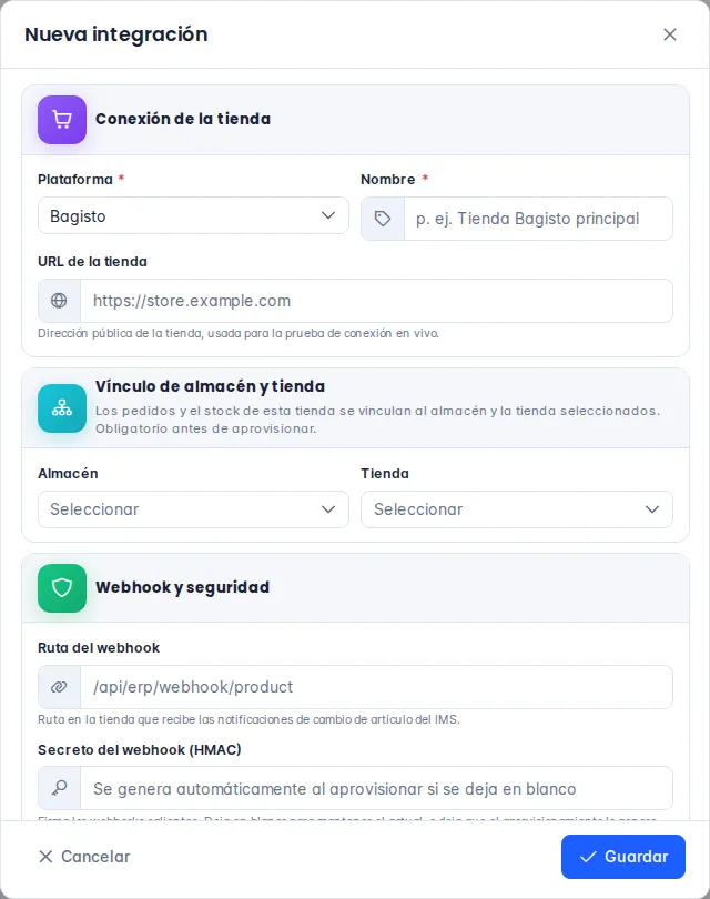 Ventana Nueva integración: plataforma, nombre, URL de la tienda, almacén, tienda, ruta y secreto del webhook