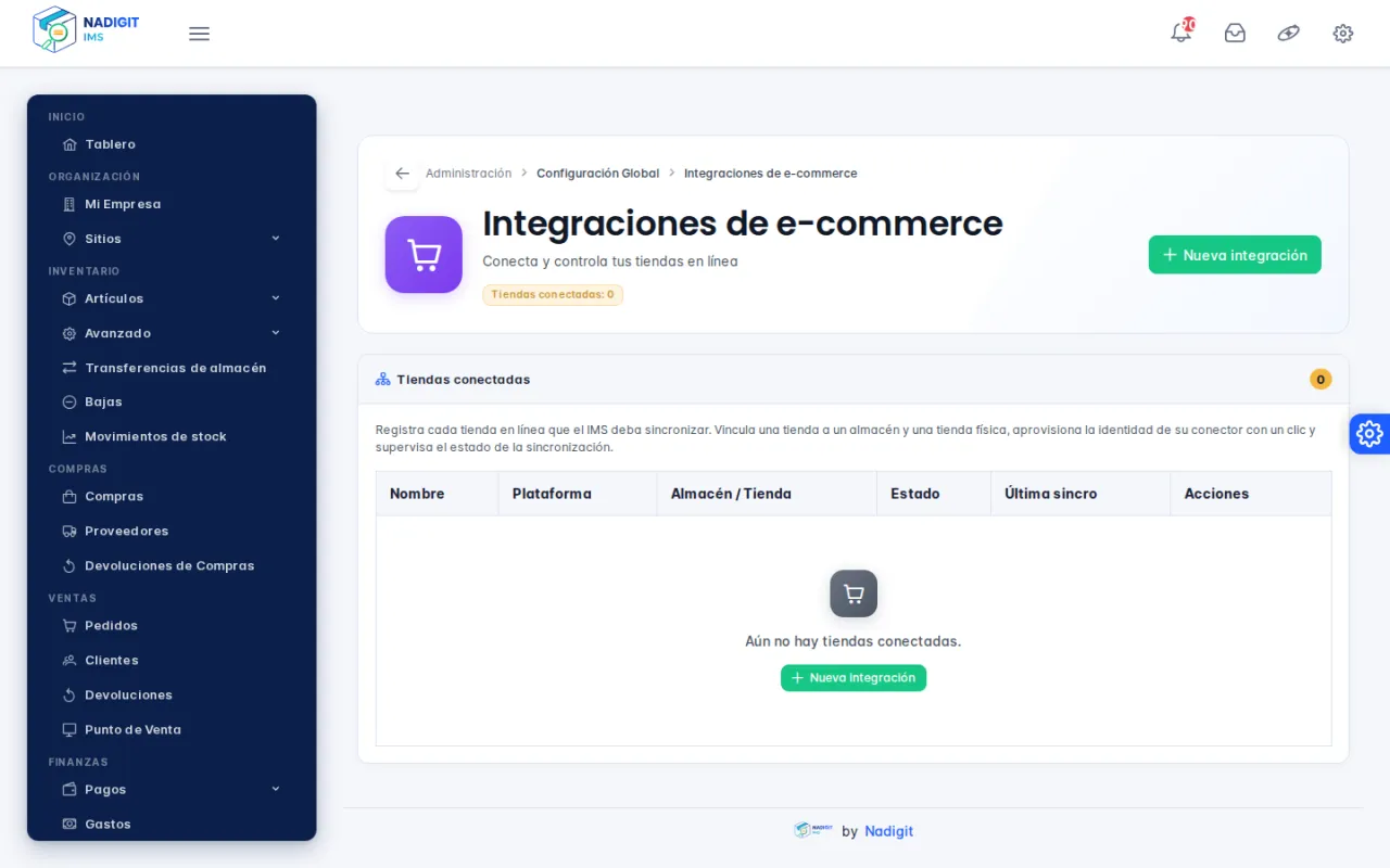 Página Integraciones de e-commerce con la lista de tiendas conectadas
