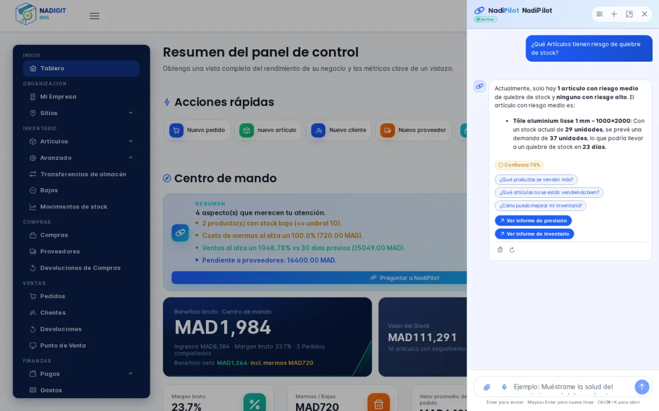 Respuesta de NadiPilot a la pregunta «¿Qué artículos tienen riesgo de quiebre de stock?»