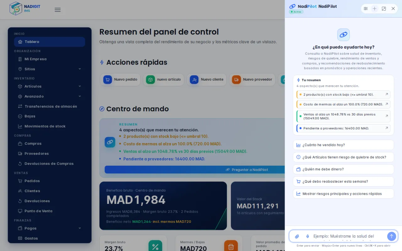 Panel de NadiPilot abierto junto al tablero, con el resumen y las preguntas sugeridas