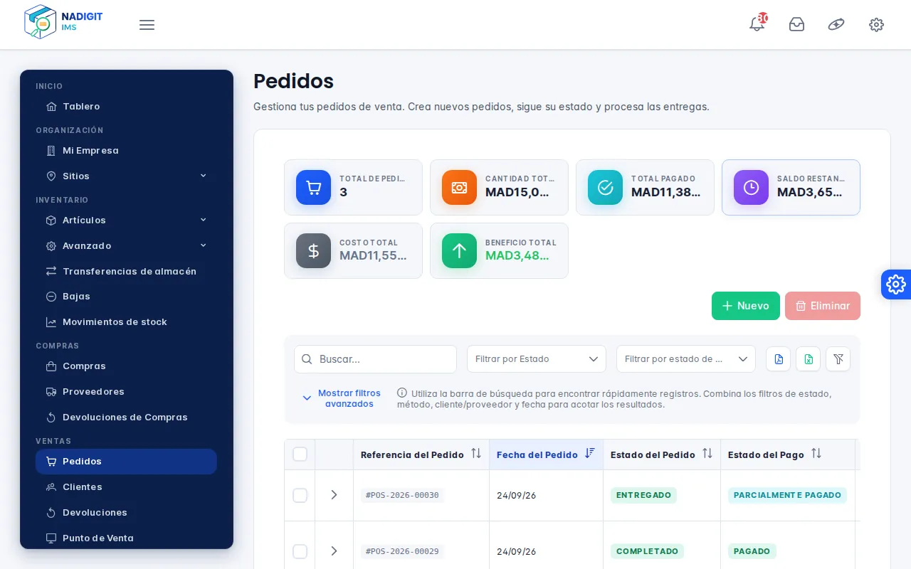 Lista de pedidos con tres ventas del día, sus estados e importes