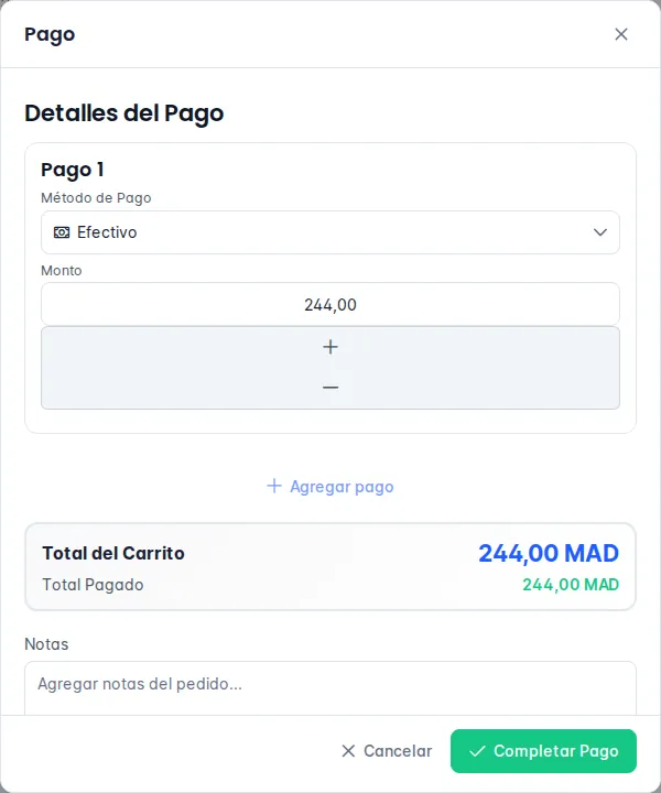 Ventana Pago con el detalle del cobro y la casilla Imprimir recibo