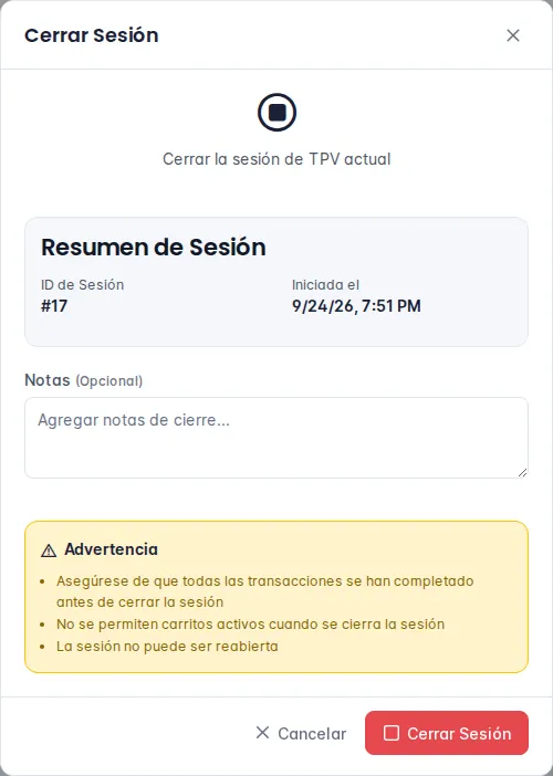Ventana Cerrar Sesión con el resumen de la sesión y las advertencias