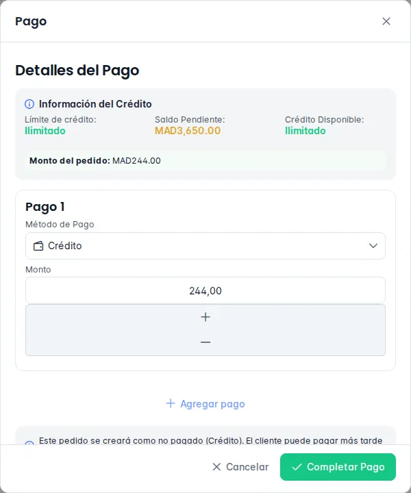 Ventana Pago en modo Crédito con el límite, el saldo pendiente y el crédito disponible del cliente