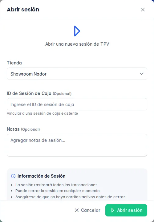 Ventana Abrir sesión del punto de venta, con la tienda Showroom Nador