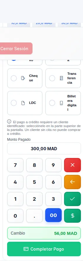 Panel de pago: métodos de pago, importe pagado 300 MAD y cambio 56 MAD