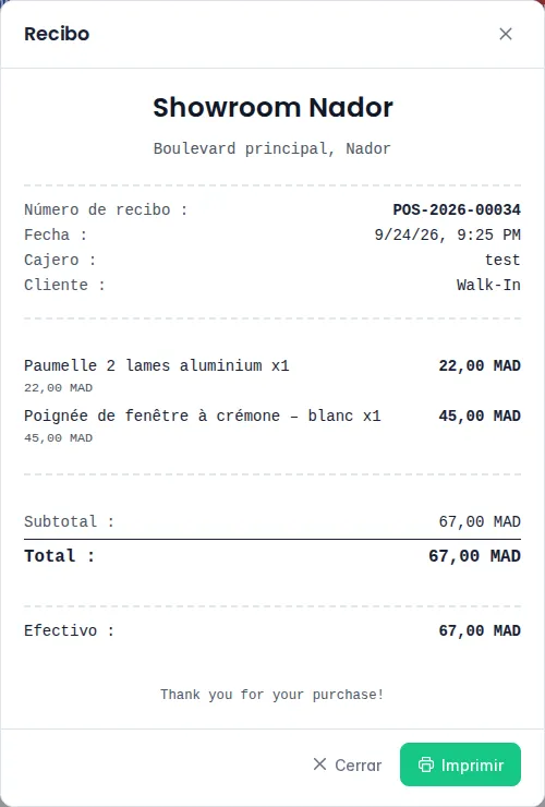 Ventana Recibo tras una venta en efectivo, con los botones Cerrar e Imprimir