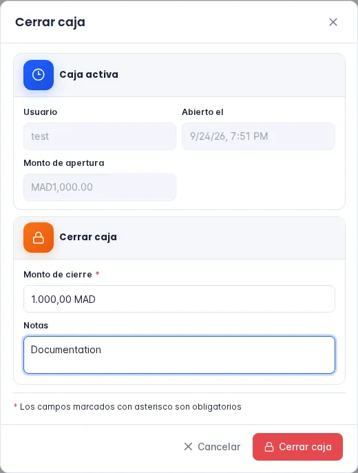 Ventana Cerrar caja con el monto de apertura, el monto de cierre y las notas