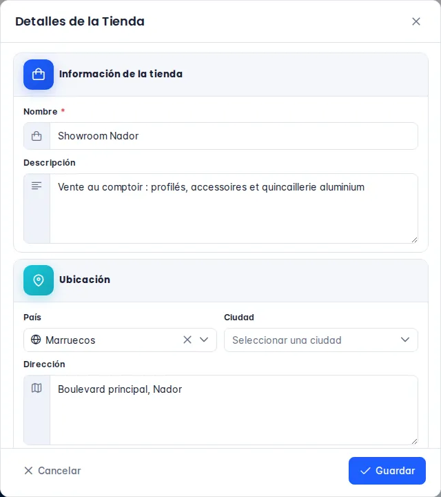 Ventana Detalles de la tienda: nombre, descripción y ubicación