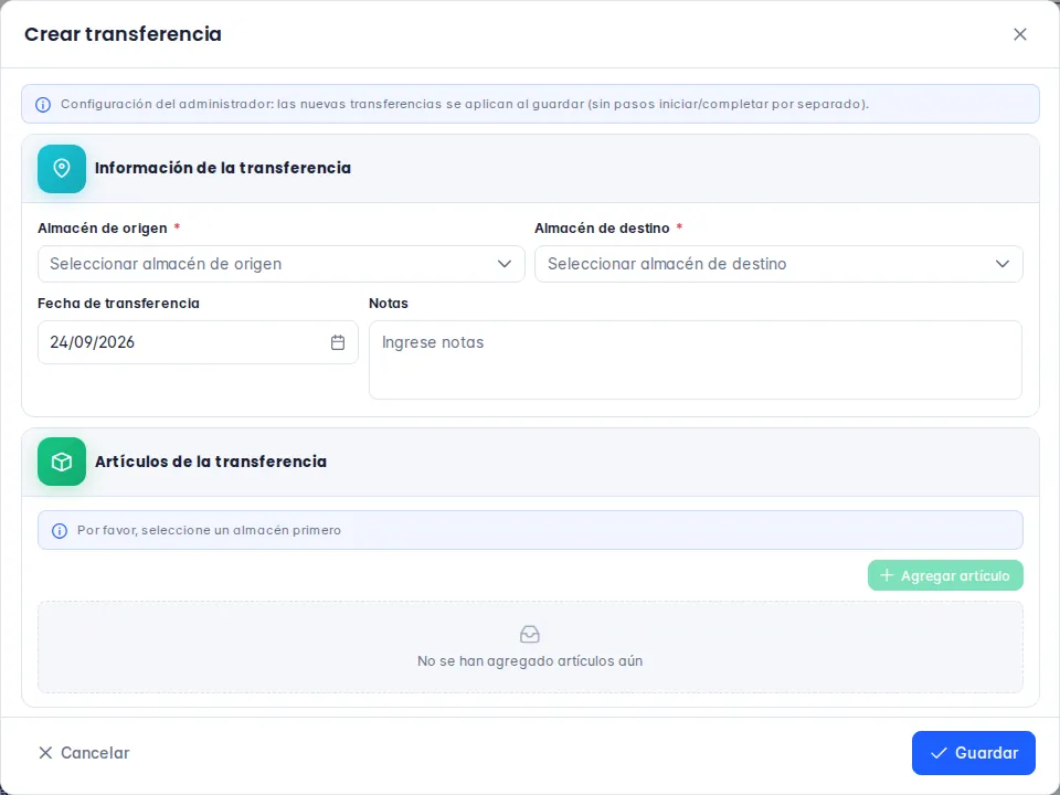 Ventana Crear transferencia con los almacenes de origen y destino y los artículos