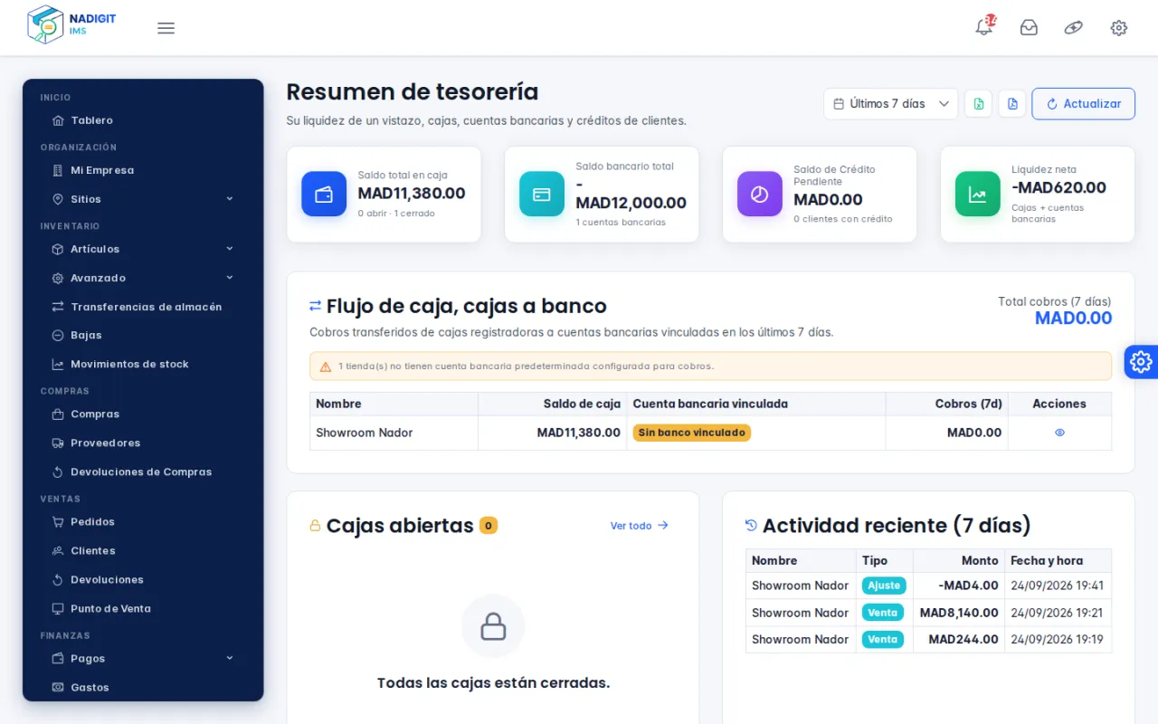 Vista general de Tesorería: saldo en caja, saldo bancario, crédito impagado y actividad reciente