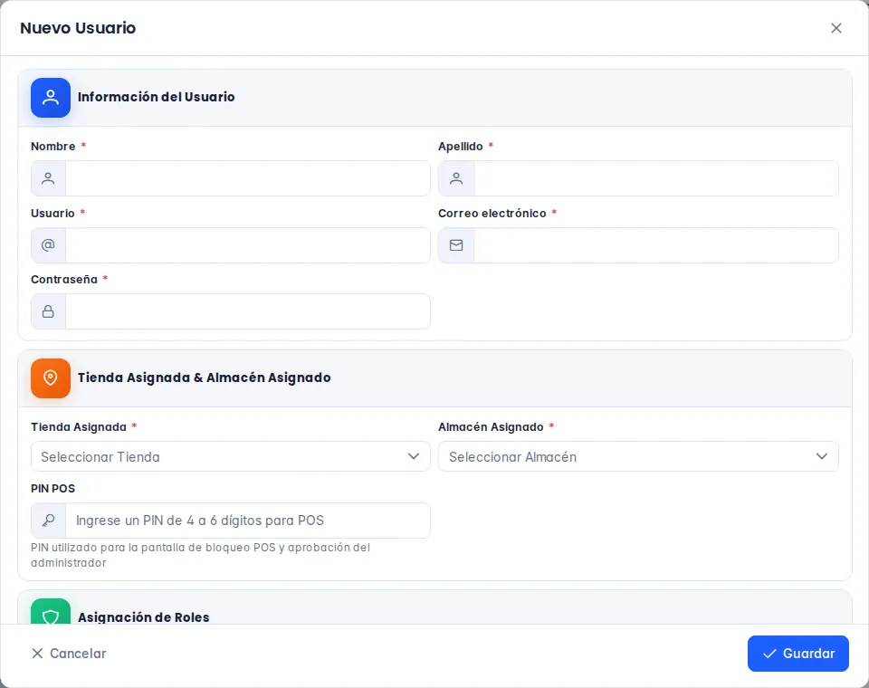 Ventana Nuevo usuario: datos, tienda y almacén asignados, PIN y roles
