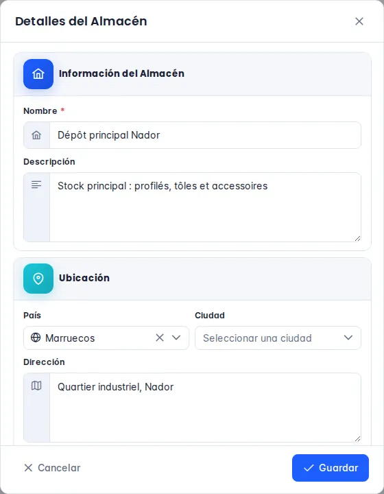 Ventana Detalles del almacén: nombre, descripción, país, ciudad y dirección