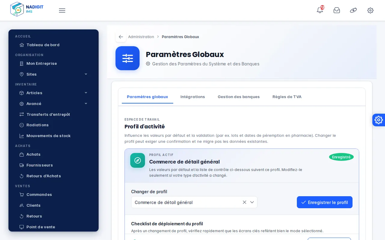 Paramètres globaux : profil d'activité Commerce de détail général enregistré