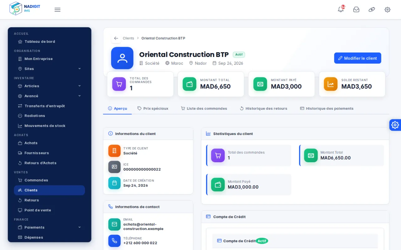 Fiche du client Oriental Construction BTP : montant total, montant payé et solde restant