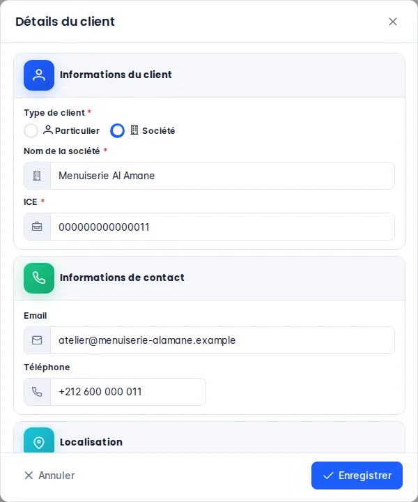 Fenêtre Détails du client de type Société avec le nom et l'ICE