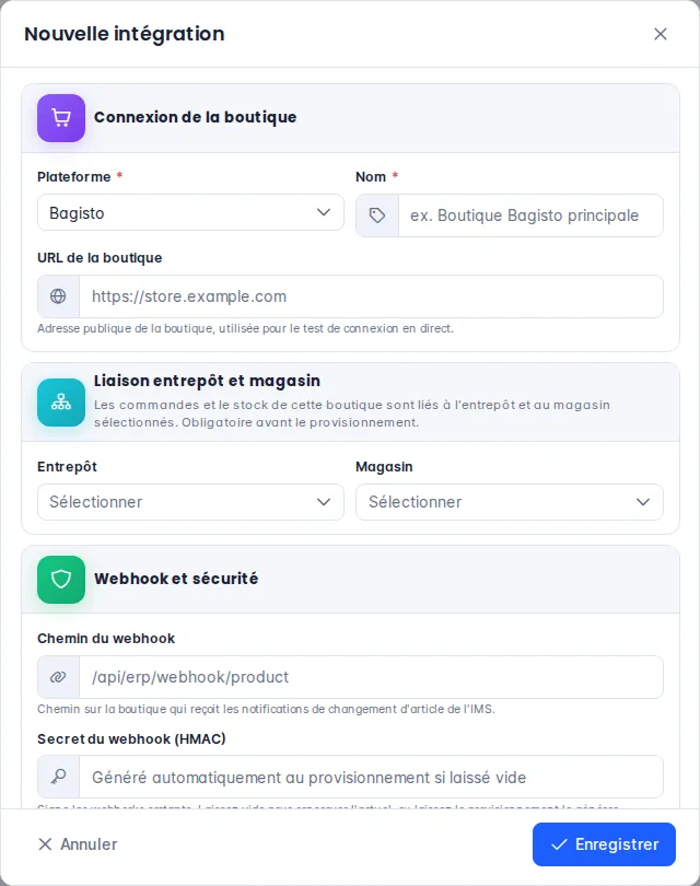 Fenêtre Nouvelle intégration : plateforme, nom, URL de la boutique, entrepôt, magasin, chemin et secret du webhook