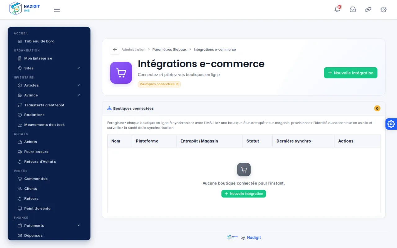 Page Intégrations e-commerce avec la liste des boutiques connectées