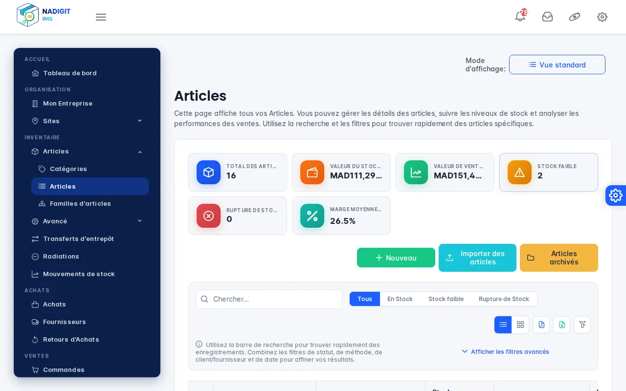 Liste des articles filtrée sur Stock faible avec une serrure à 8 pièces